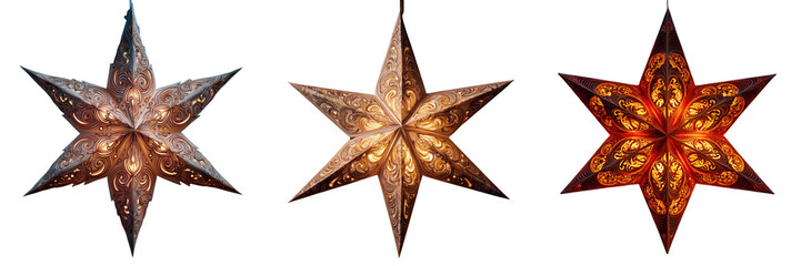 Set of Golden star ornament isolated on white background, minimal composition, soft natural lighting on transparent png background. Ai generated