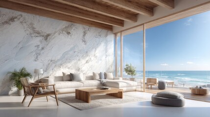 Fototapeta premium Luxury Coastal Living Room with Ocean View and Marble Accent Wall