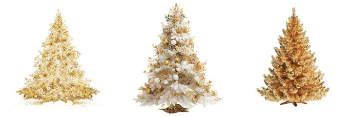 Set of Shiny golden Christmas tree inside a gift box surrounded by tiny sparkling stars, white background on transparent png background. Ai generated