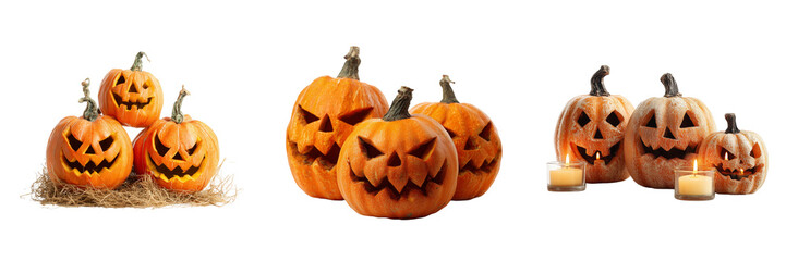 Set of Halloween still life scene with a carved pumpkin smiling under a witch hat, decorative pumpkins, black bats, and lantern arranged neatly on transparent png background. Ai generated