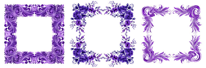 Set of Stylish botanical corner composition with violets and textured green leaves, minimal modern stock photography look on transparent png background. Ai generated