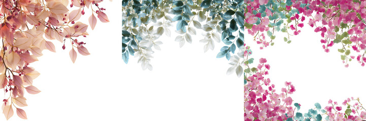 Set of White apple blossoms on curved branches forming an elegant decorative frame on transparent png background. Ai generated