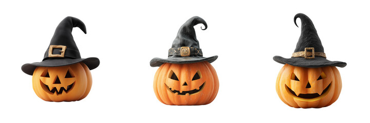 Set of Halloween pumpkin carved with a smiling face, witch hat tilted playfully on transparent png background. Ai generated