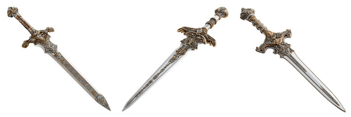 Set of Luxurious gramr sword with intricate engravings, realistic 3D design, polished steel and golden inlays on transparent png background. Ai generated