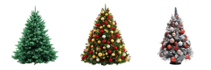 Set of Lush green Christmas tree fully decorated with ornaments and fairy lights on transparent png background. Ai generated