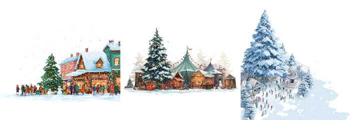 Set of Snow-covered cabin surrounded by pine trees, small bonfire burning, people skiing nearby on transparent png background. Ai generated