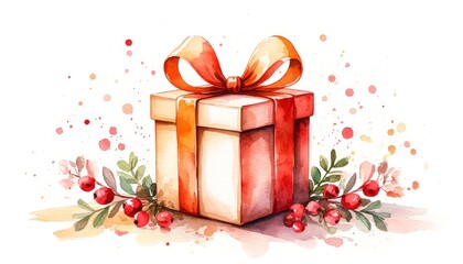 Gift box with red ribbon and berries, watercolor painting presenting festive holiday greeting, christmas present concept on white background, sticker concept home decor and wall art