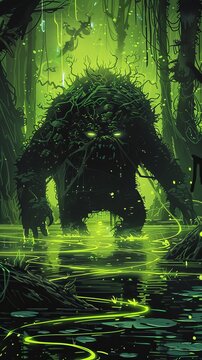 a green monster walks through the swamp.