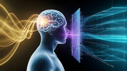 Visualize brilliant data streams flowing into a luminous human mind, representing innovation and advanced cognitive processing for futuristic concepts.