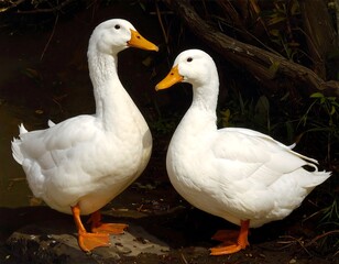 Two beautiful white ducks standing together in a natural environment