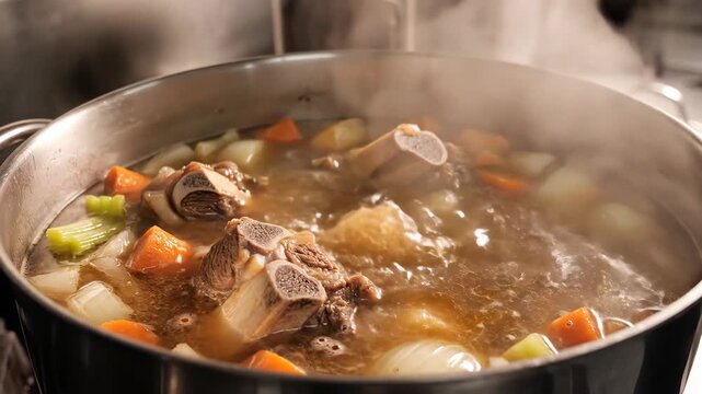 Cooking hearty beef bone broth in a large pot on the stove