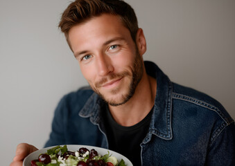 Smiling man holding fresh salad bowl in denim jacket, healthy lifestyle concept