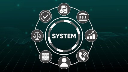 Central circular diagram with the word S Y S T E M and surrounding icons representing business finance and legal concepts