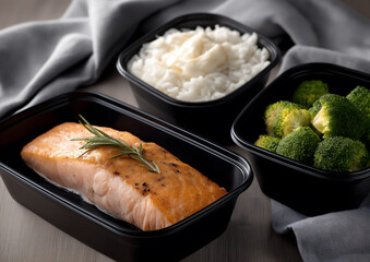 Healthy salmon with rice and broccoli in black meal prep containers, clean eating and fitness nutrition concept