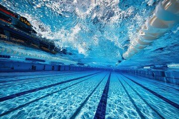 Fototapeta premium Abstract Underwater View Of Swimming Pool Lanes with Blue and White Colors