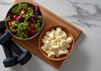 Healthy salad and cheese bowl with dumbbells on wooden board, fitness and nutrition concept