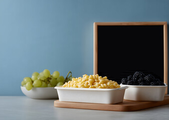 Food containers with pasta, grapes, and blackberries on table with signboard and blue background