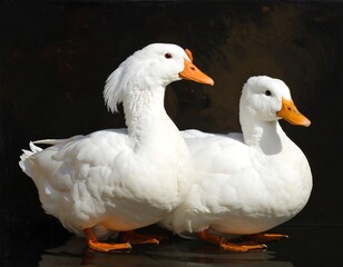 Two beautiful white ducks with orange beaks posing against a black background