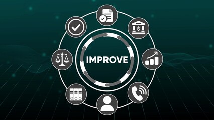 Circular diagram with icons representing business concepts and the word I M P R O V E at the center improve