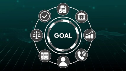 Circular diagram with icons representing business goals and processes on a dark green abstract background
