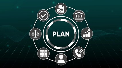 Circular diagram with icons representing business planning legal finance growth communication and documents
