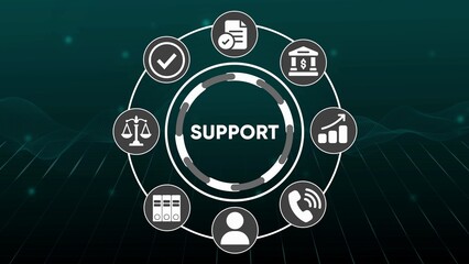 Circular diagram with icons representing support services and business concepts on a dark green background