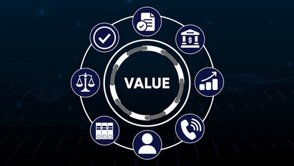 Obraz premium Circular diagram with icons representing value business concepts on dark blue background circle