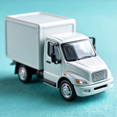 Toy delivery truck on a turquoise background, isolated.