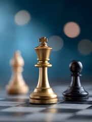 Golden king and black pawn on a chessboard with bokeh background symbolizing strategy and intellect