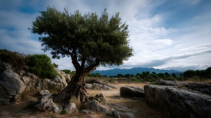 An ancient gnarled olive tree stands in a rugged rocky Mediterranean landscape under a cloudy sky