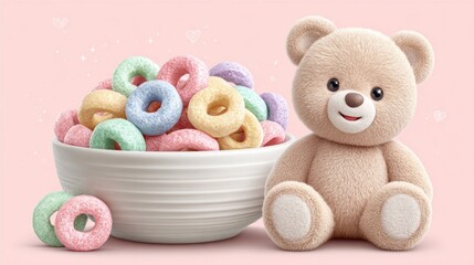 A teddy bear is sitting in front of a bowl of colorful cereal