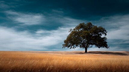 Obraz premium A majestic oak tree stands alone in a vast golden field under a deep blue cloudy sky