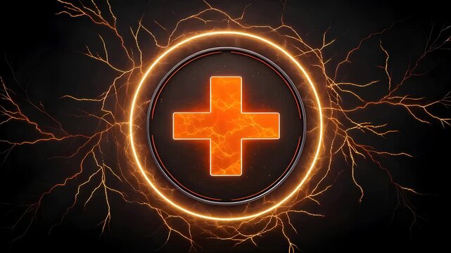 Electrifying plus sign animation with glowing energy arcs pulsing around it, perfect for technology, health or gaming content, dynamic motion graphic