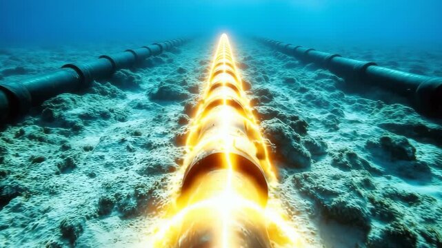 Underwater fiber optic cable glowing with fast moving data lights