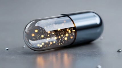 A transparent capsule containing glowing digital circuitry symbolizing futuristic technology and medicine