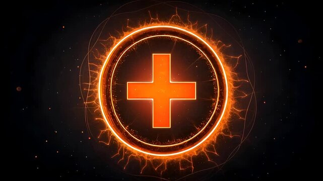Energetic plus sign pulsates with vibrant orange light, perfect for healthcare, science, or technology branding, dynamic and attention grabbing