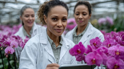 Female scientists researching orchids in a greenhouse.