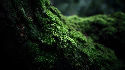 Close up view of vibrant green moss covering the textured bark of an ancient tree in a natural forest environment