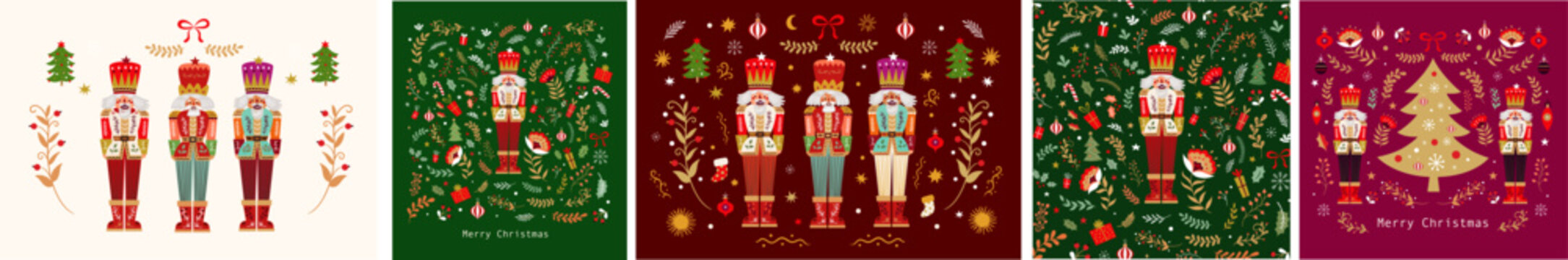 Collection of Christmas illustrations with Nutcracker and Christmas tree