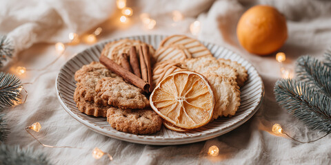 Homemade cookies arranged on a plate with festive decorations for holiday season. Christmas, new year, copy space
