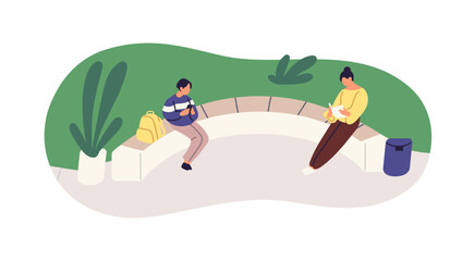 People sit on bench, have a rest while walking in urban park in summer. Characters relax on seats in nature. Woman is reading book outdoors. Flat isolated vector illustration on white background