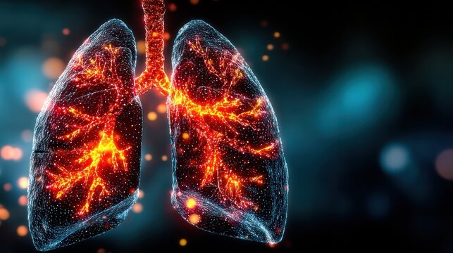 Luminous Lung Anatomy: A captivating and detailed portrayal of the human lung, illuminated with vibrant hues, highlighting its intricate structure and essential function. 