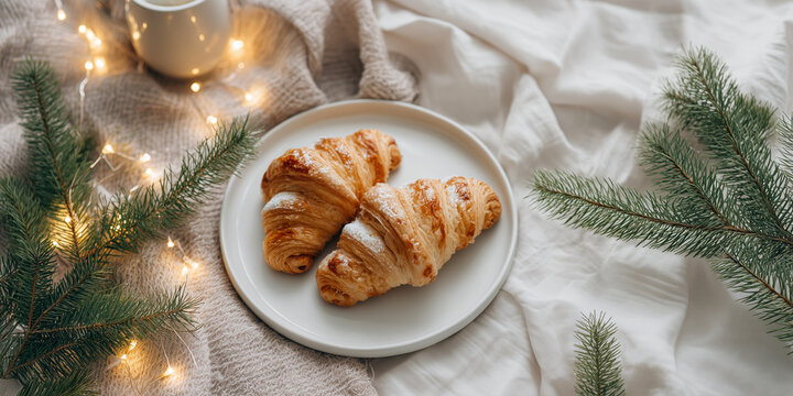 Croissants dusting with powdered sugar on a plate, surrounded by festive christmas decorations. Christmas, new year, copy space