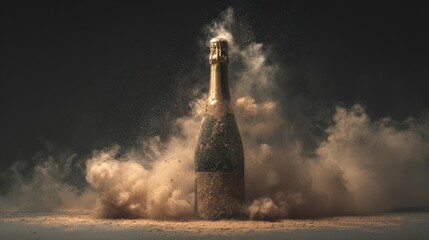 Champagne bottle erupts with a cloud of dust and particles, creating a dramatic scene of celebration and excitement, perfect for festive occasions and special events