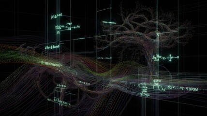 Captivating digital tree of knowledge intertwining with glowing scientific formulas and data streams, representing abstract thought and complex systems