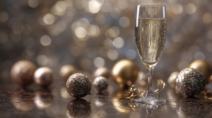 Sparkling champagne glass filled with bubbly drink, surrounded by festive golden ornaments and shimmering decorations, creating a celebratory atmosphere for special occasions