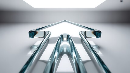 Abstract futuristic glass arrow shape pointing forward on a clean white background, isolated on white background