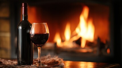 Bottle of red wine beside a filled glass on a wooden table, with a cozy fireplace glowing in the background, creating a warm and inviting atmosphere for relaxation
