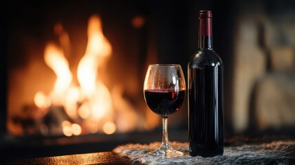 Bottle of red wine and glass filled with wine placed on a cozy table near a warm fireplace, creating a relaxing atmosphere for intimate gatherings and celebrations