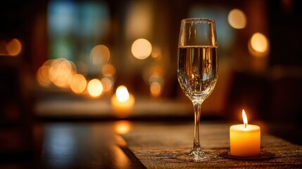 Elegant glass of sparkling water beside a lit candle on a wooden table, creating a warm and inviting atmosphere for a romantic dinner setting with soft bokeh lights